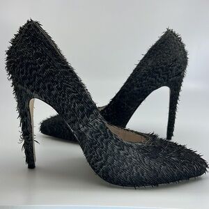 Jennie Ellen Leather Fringe Texture Fuzzy Black Grey High Heels